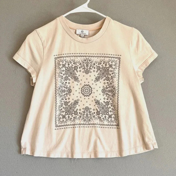 AG‎ Adriano Goldschmied Cropped Top Womens S Cream Short Sleeves Cotton Baby Tee - Picture 1 of 8